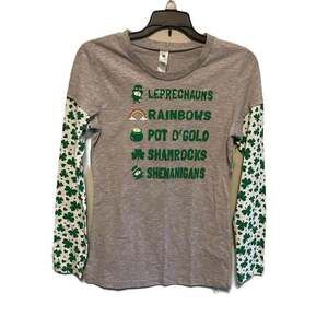 St. Patrick's Day Graphic Tshirt Grey with Shamrocks Print Long Sleeve Youth 7-